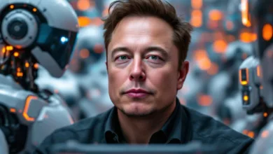 Elon Musk with futuristic AI technology and robots.